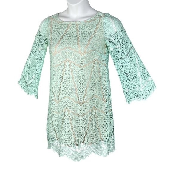 Maia Women 4 Kelly Green Dress Lace Overlay 3/4 Sleeve Nude Lining Scalloped Hem - Picture 4 of 16